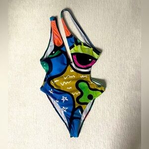 Women’s Multicolor Abstract Print One Shoulder One-Piece Swimsuit